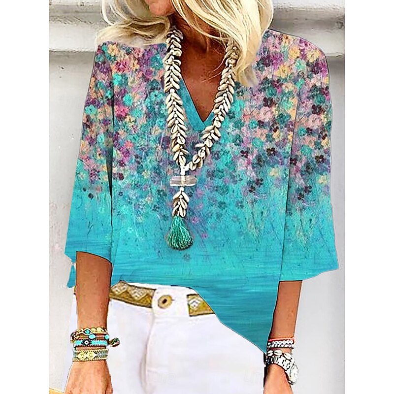 Women's Blouse Button Down Ombre Floral Graphic Stylish Beach Short Sleeve V Neck Regular Tops Daily Print Blue Summer Spring