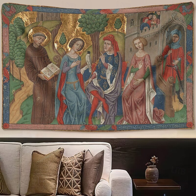 Medieval Tapestry Middle Age Tapestry Gothic Art Large Tapestry Mural Decor Backdrop Curtain Home Bedroom Living Room Decoration Seated Ruler with Two Women and A Saint3