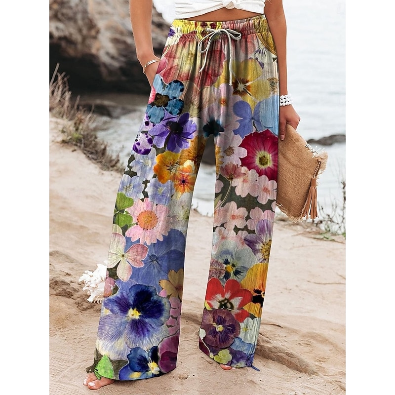 Women's Cotton Linen Wide Leg Chinos Baggy Pants Active Vacation Full Length High Waist Floral Elastic Waistband Printing Comfy Soft Comfortable Micro-elastic Outdoor Street Navy-blue Royal Blue