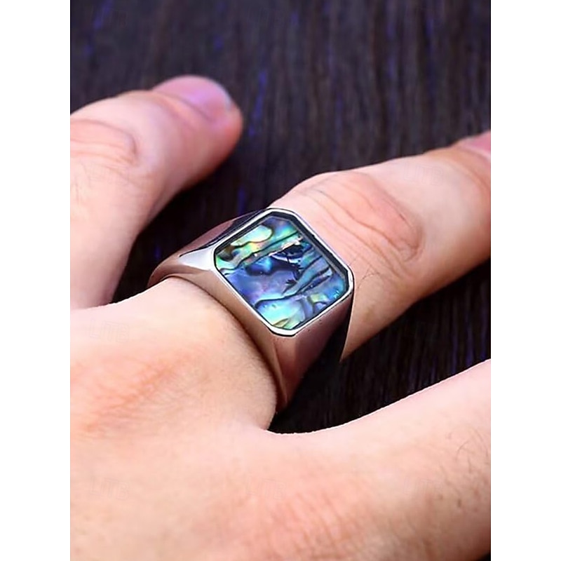 Men's square streamer shell stainless steel ring, gold and silver, fashionable and individual, suitable for daily vacation wear and casual gatherings3