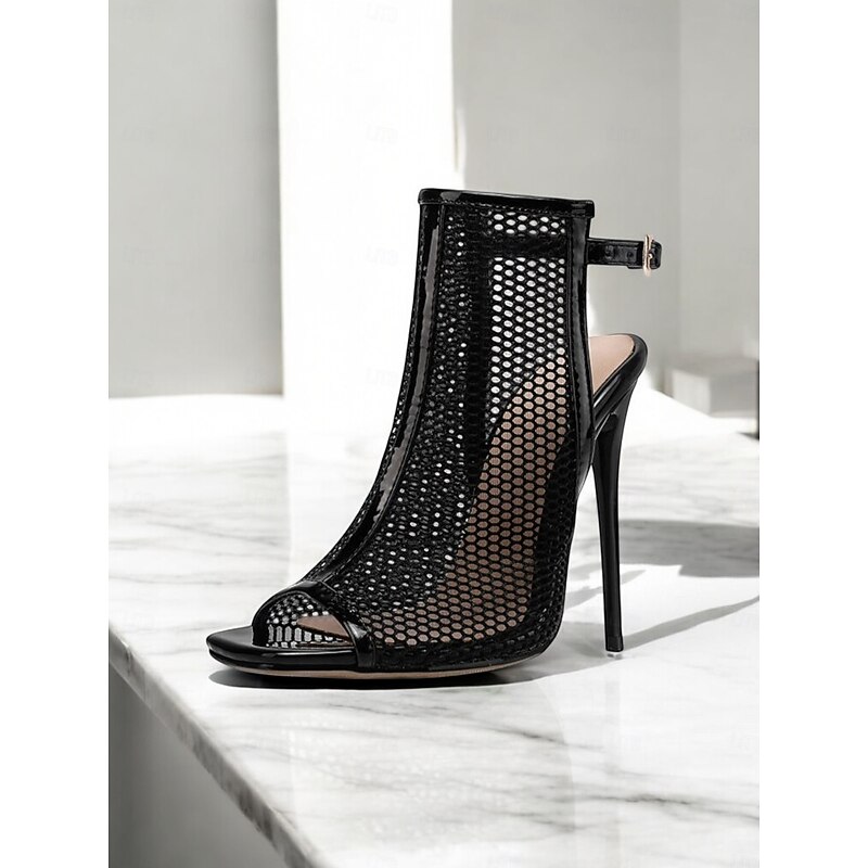 Women's Black Mesh Peep-Toe Stiletto Sandals – Sexy High Heel Party Shoes with Ankle Strap2