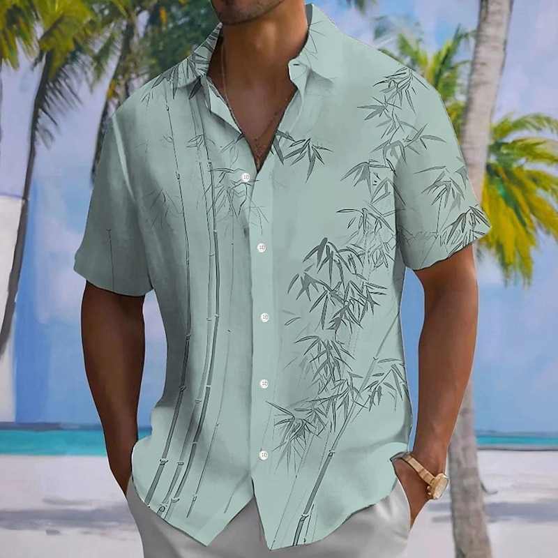 Men's Leaf Plants Bamboo Shirt Casual Shirt Button Up Shirt Short Sleeve Fashion Casual Outdoor Vacation Streetwear Summer Spring Turndown 3D Print Collared Shirts White Blue Green3