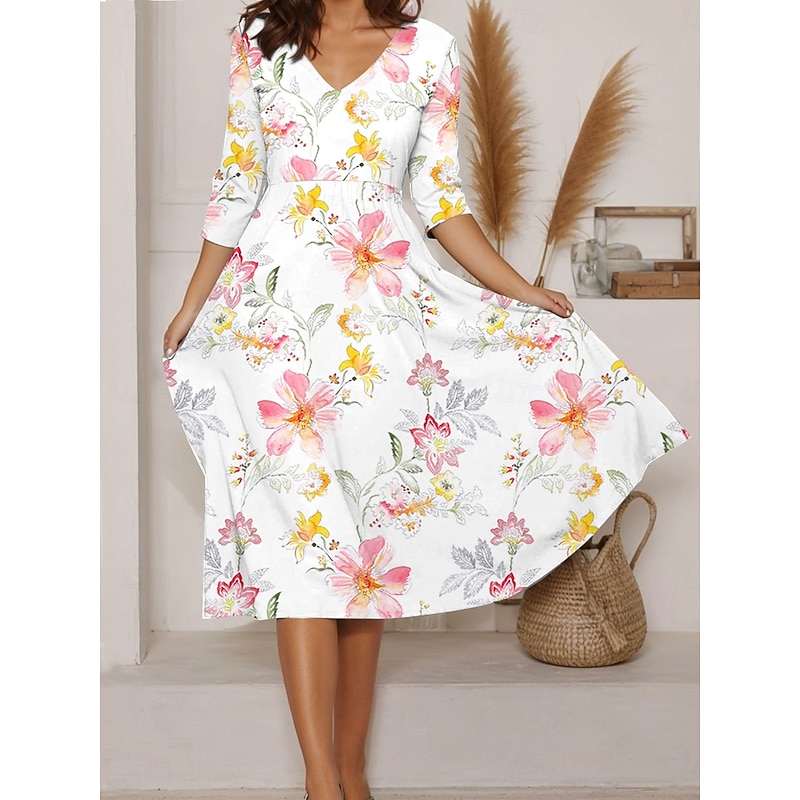 Women's Midi Dress A Line Dress Summer Dress Vacation Casual Daily Regular Fit Floral Graphic Long Sleeve V Neck Pink Blue Green Summer