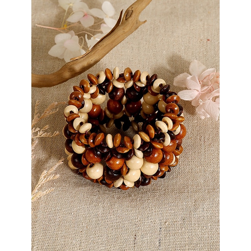 Handmade Wooden Beaded Bracelet for Women - Boho Chunky Stretch Bracelet, Natural Vintage Ethnic Style Women's Jewelry, Casual and Beach Accessories4