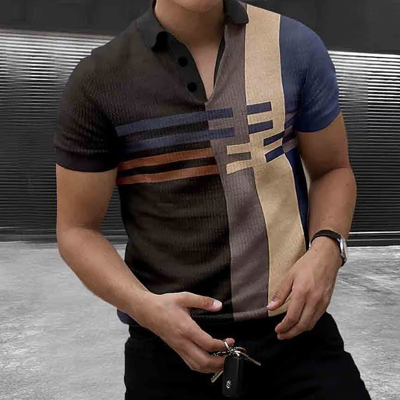 Men's Color Block Polo Short Sleeve Polo Shirts Collared Shirts Casual School Daily Wear Home Wear 3D Print Summer Spring Fall Brown