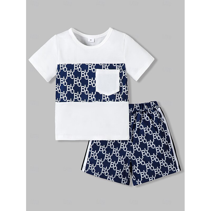 2 Pieces Toddler Boys T-shirt & Shorts Outfit Graphic Geometric Short Sleeve Patchwork Set School Fashion Daily Summer 4-7 Years White