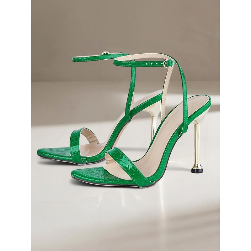 Women's Green Patent Leather Strappy Stiletto Sandals – Stylish High Heels for Date Night & Elegant Events4