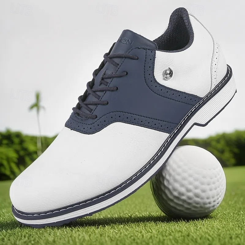Men's Two-Tone Navy & White Golf Shoes, Lace-Up, Durable Leather, Sporty Elegance for Everyday Golfing2