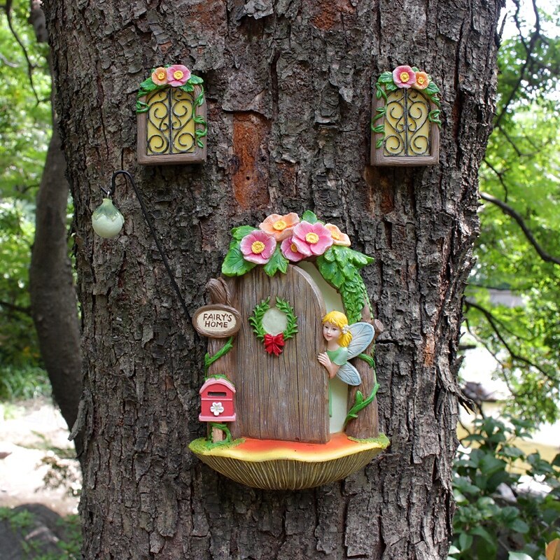 Fairy Door and Windows for Tree, 4 pcs, Glow in the Dark Fairy Garden Miniature Accessories for Tree Stump Decor, Resin Fairy House Kit with Fairy Lantern for Gnome, Outdoor Yard, Lawn, Garden Decor