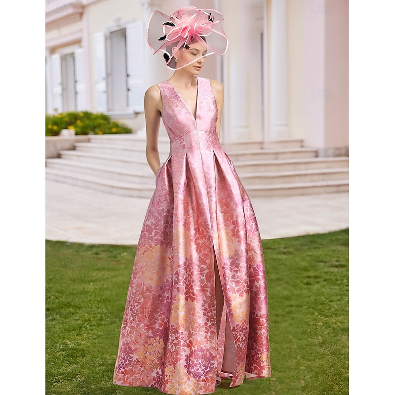 A-Line Evening Gown High Split Dress Beach Wedding Formal Wedding Guest Floor Length Sleeveless V Neck Pocket Satin with Floral Print Slit Pocket Race Day Dress Wedding Guest Dress3