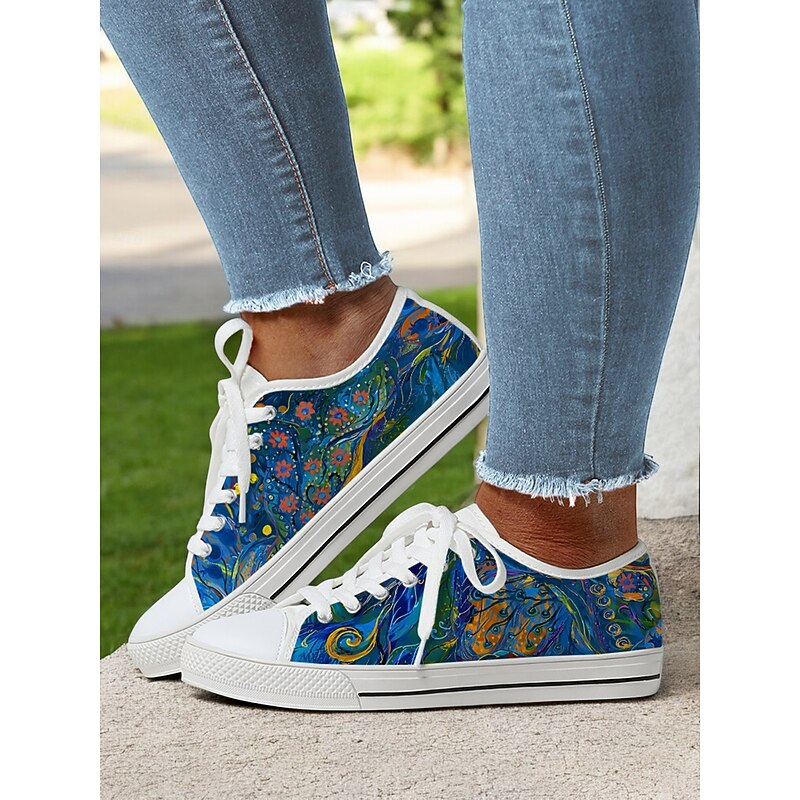 Women's Colorful Artistic Lace-Up Sneakers - Vibrant Patterned Casual Canvas Shoes for Spring and Summer
