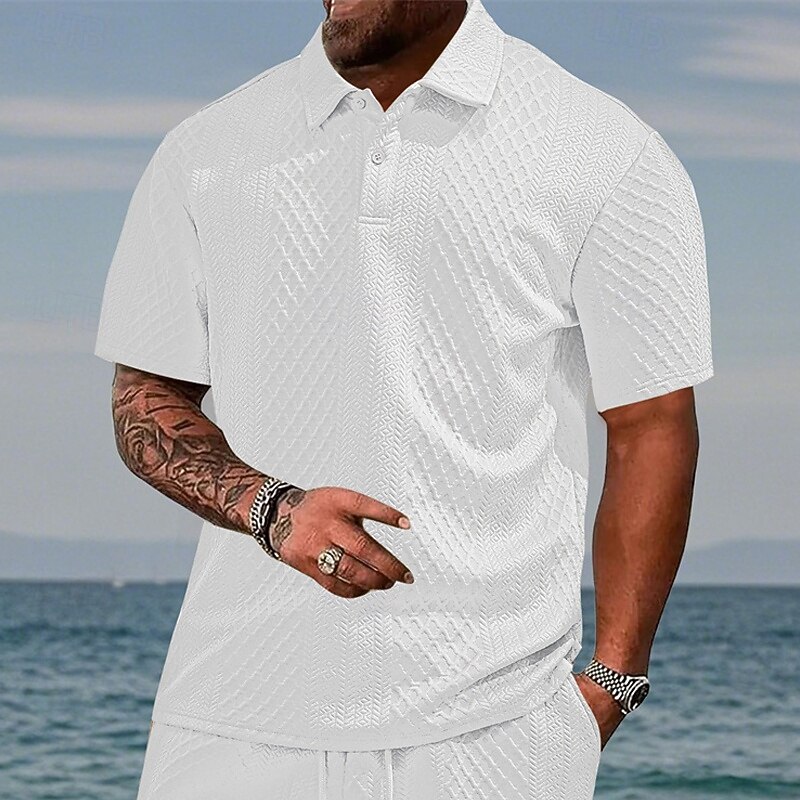 Men's Golf Shirt Golf Polos Shirts Work Casual Lapel Short Sleeve Basic Modern Plain Buttons Jacquard Summer Spring Regular Fit Black White Navy Blue Khaki Gray Light Blue Golf Shirt