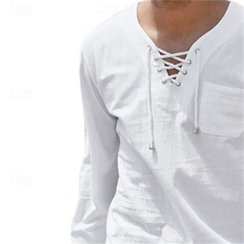 Men's Shirt Popover Shirt Summer Shirt Beach Shirt Plain Vacation Casual White Khaki Long Sleeve Band Collar Spring & Summer Clothing Apparel3