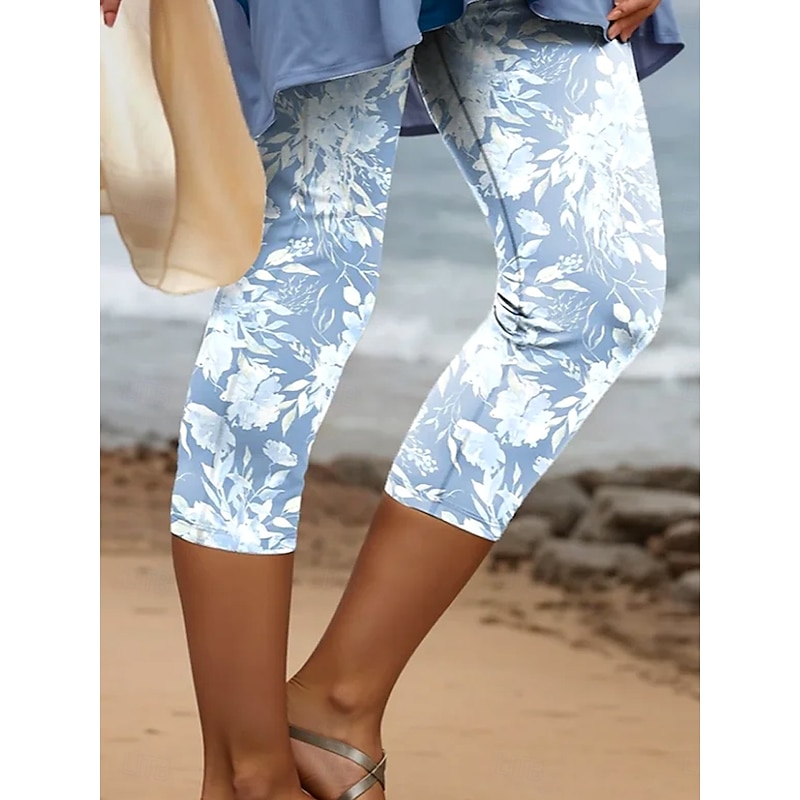 Women's Leggings Capri Pants High Elasticity Vacation Hawaiian Calf-Length Mid Waist Floral Graphic Printing Breathable Soft  Vacation Casual Holiday Light Blue Summer Spring Regular Fit - Main Image