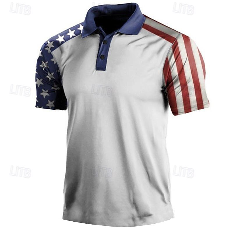 Men's American Flag Veterans Polo Shirts Golf Shirt Short Sleeve Polo Shirts Collared Shirts Casual Streetwear Vacation Wear Party Outfits 3D Print Buttons White & Blue White Navy Blue