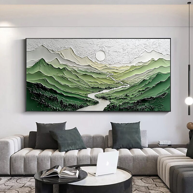 Handmade Original Green Mountain Painting Oil Painting On Canvas Abstract River Valley Landscape Wall Art for Home Decor With Stretched Frame/Without Inner Frame Painting2