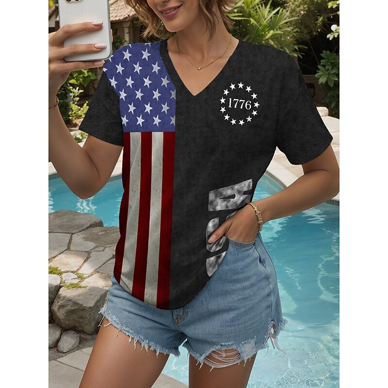Independence Day Women's T Shirt Graphic Flag Letter Casual Short Sleeve V Neck Regular Tops Daily Print Black Blue Brown Summer Spring4