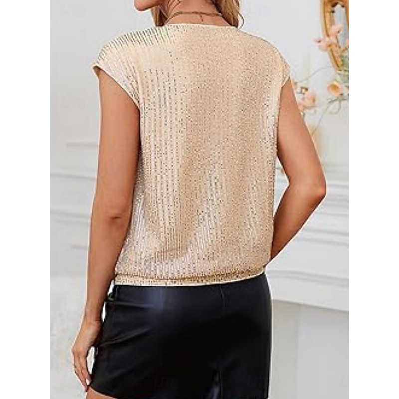 Women's Camisole Tank Top Solid Color Party Stylish Modern Short Sleeve V Neck Regular Tops Wedding Guest Evening Party Going out Sequins Black Pink Wine Blue Gold Summer Spring2