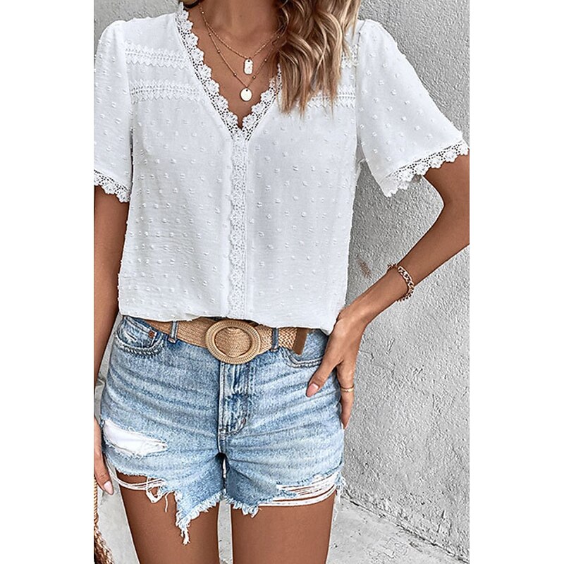 Women's T Shirt Solid Color Fashion Short Sleeve V Neck Regular Tops Daily Lace Black White Blue Summer4
