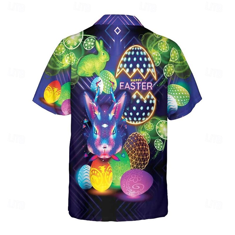 Easter Men's Bunny Easter Egg Shirt Cuban Collar Shirt Button Up Shirt Short Sleeve Vintage Retro Vacation Holiday Festival Summer Spring Camp Collar Shirt 3D Print Purple2
