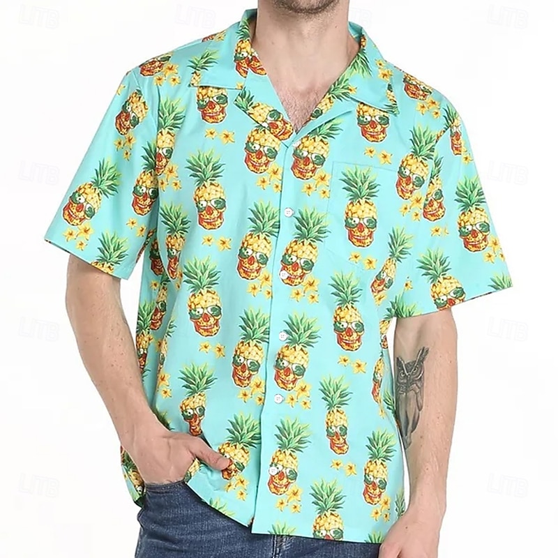 Men's Pineapple Funny Shirt Summer Hawaiian Shirt Camp Collar Shirt Short Sleeve Hawaiian Vacation Holiday Beach Wear Summer Spring Cuban Collar 3D Print Collared Shirts Front One Pocket Green