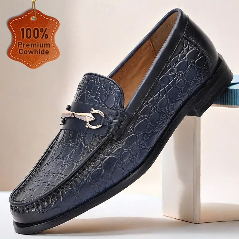 Men's Navy Blue Crocodile Embossed Leather Loafers with Metal Bit Detail - Sophisticated Casual Wear