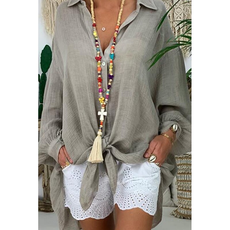 Women's Shirt Cotton Linen Shirts Button Up Blouse Plain Basic Modern Long Sleeve Shirt Collar Long Tops Holiday Going out Buttons Asymmetric Black White Blue Purple Gray Summer