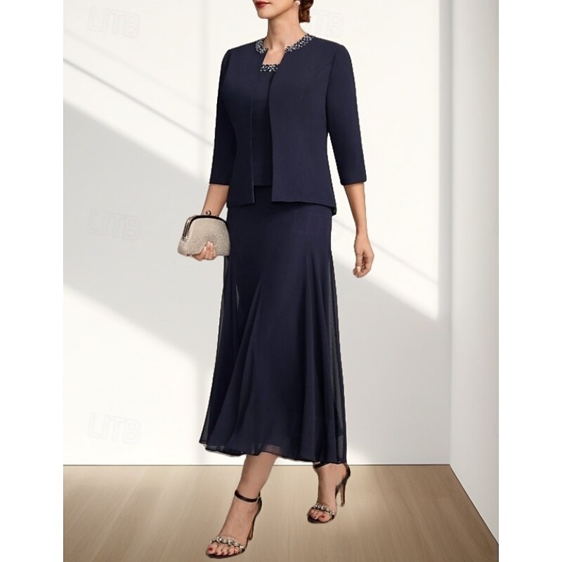 Two Piece A-Line Mother of the Bride Dress Wedding Guest Elegant Crew Neck Tea Length Chiffon 3/4 Length Sleeve with Beading Midi Dress3