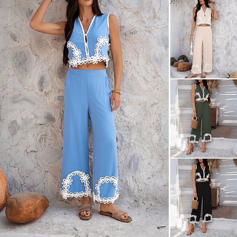 Women's Active Boho Shirt Pants Sets Sleeveless V Neck Solid Color Lace Patchwork Casual Daily Black Army Green Blue Summer Regular Fit