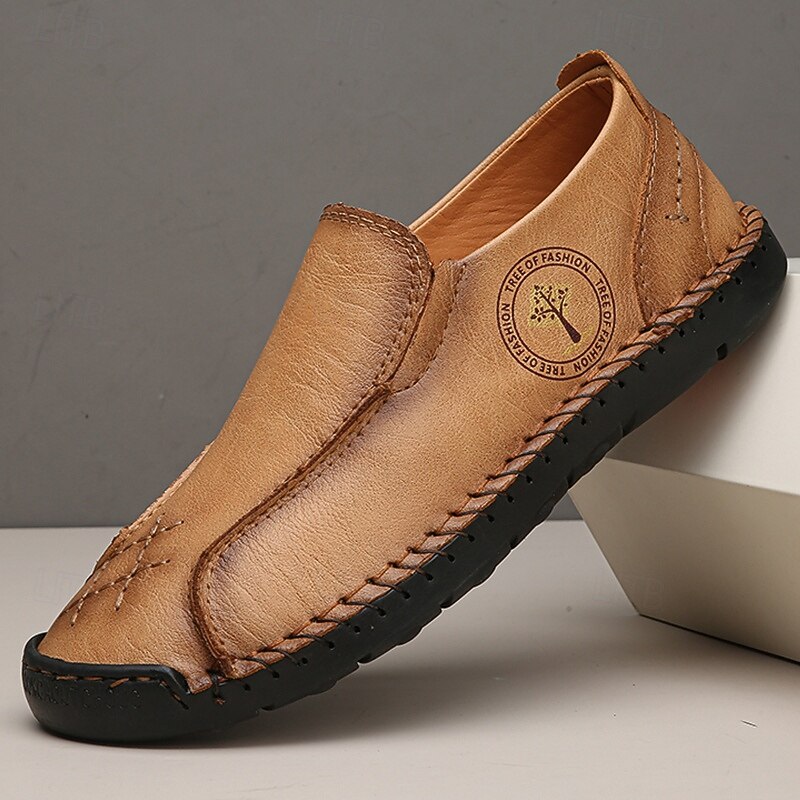 Men's Beige Genuine Faux Leather Moccasins – Handmade Stitching Casual Slip-On Driving Shoes for Outdoor & Trave
