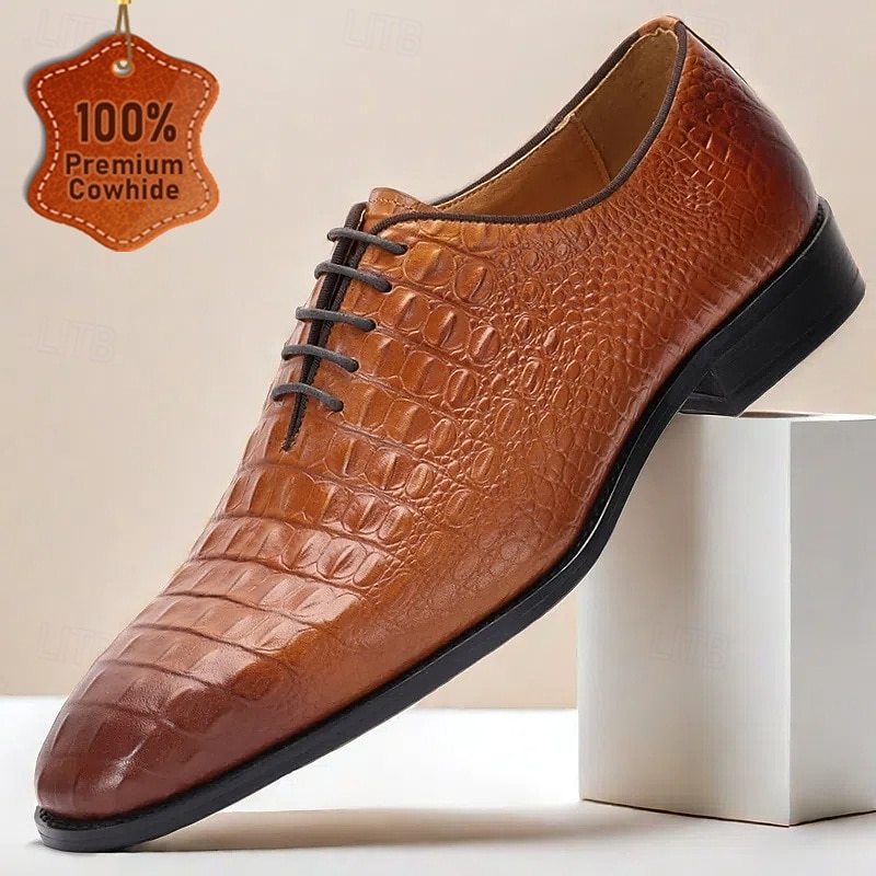 Men's Oxfords Crocodile Pattern Leather Shoes in Cognac - Elegant for Business and Kentucky Derby