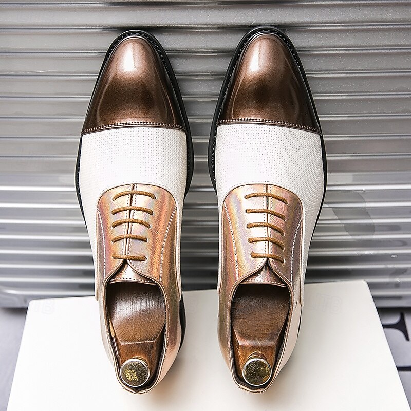 Men's Two-Tone Dress Shoes in Bronze and Cream with Lace-Up Design, Stylish Toe Cap for Elegant Formal Events2