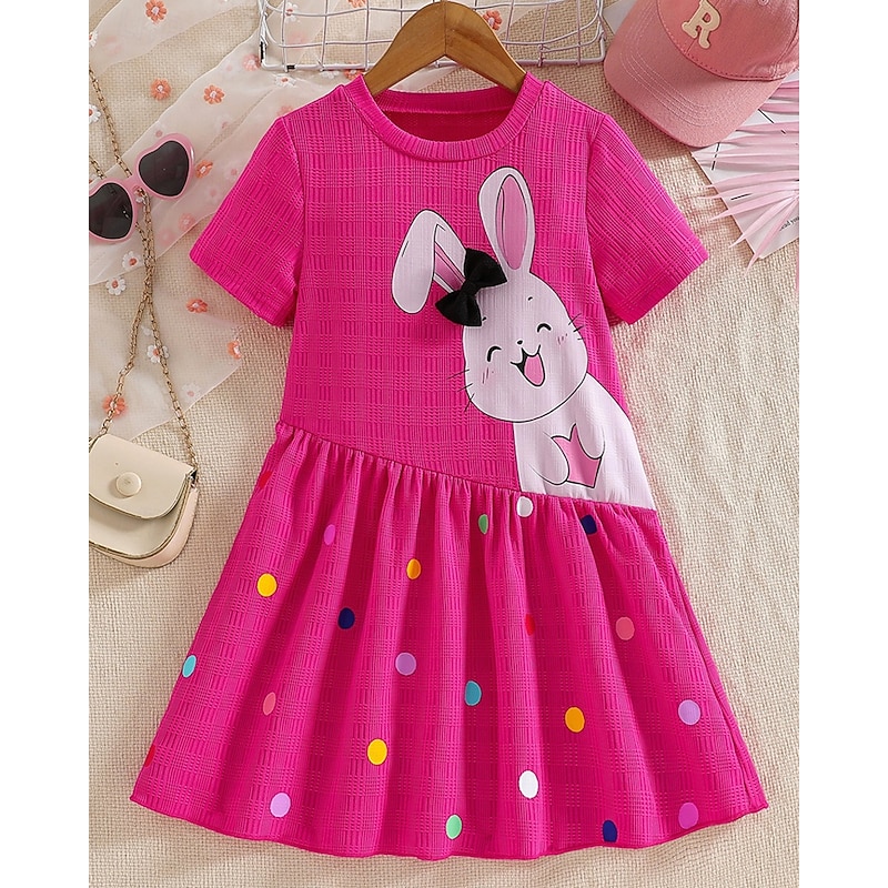 Kids Girls' Dress Rabbit Short Sleeve Outdoor Casual Fashion Adorable Polyester Knee-length Casual Dress A Line Dress Summer 4 years+ Rose Red