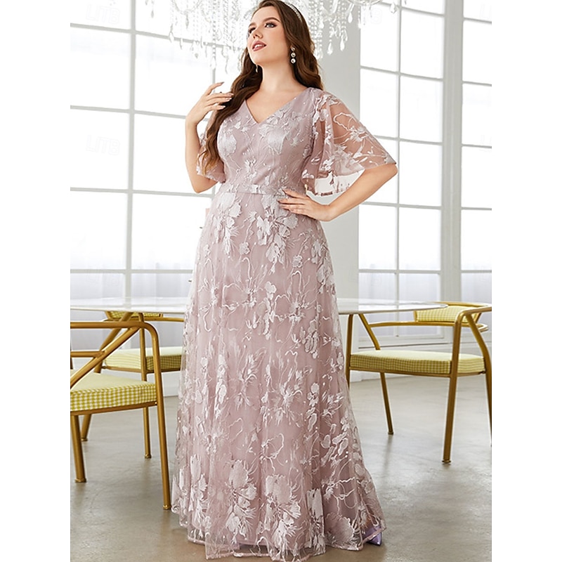 Plus Size Dress Mother of the Bride Curve Dress Elegant V Neck Floor Length Lace Short Sleeve with Lace