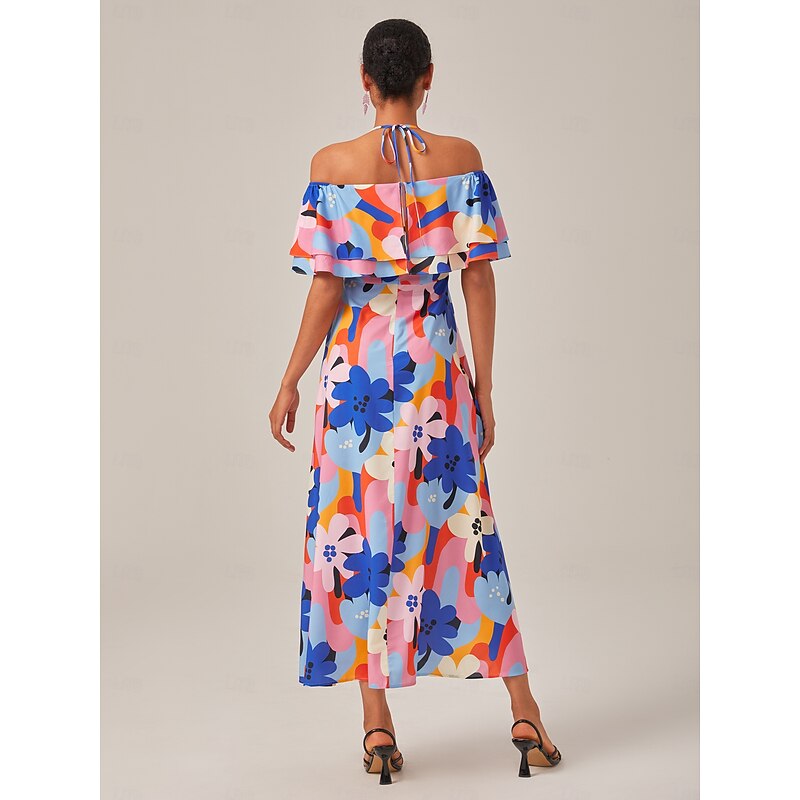 Abstract floral pattern, one-shouldered, frilled hem, elegant long dress style.3