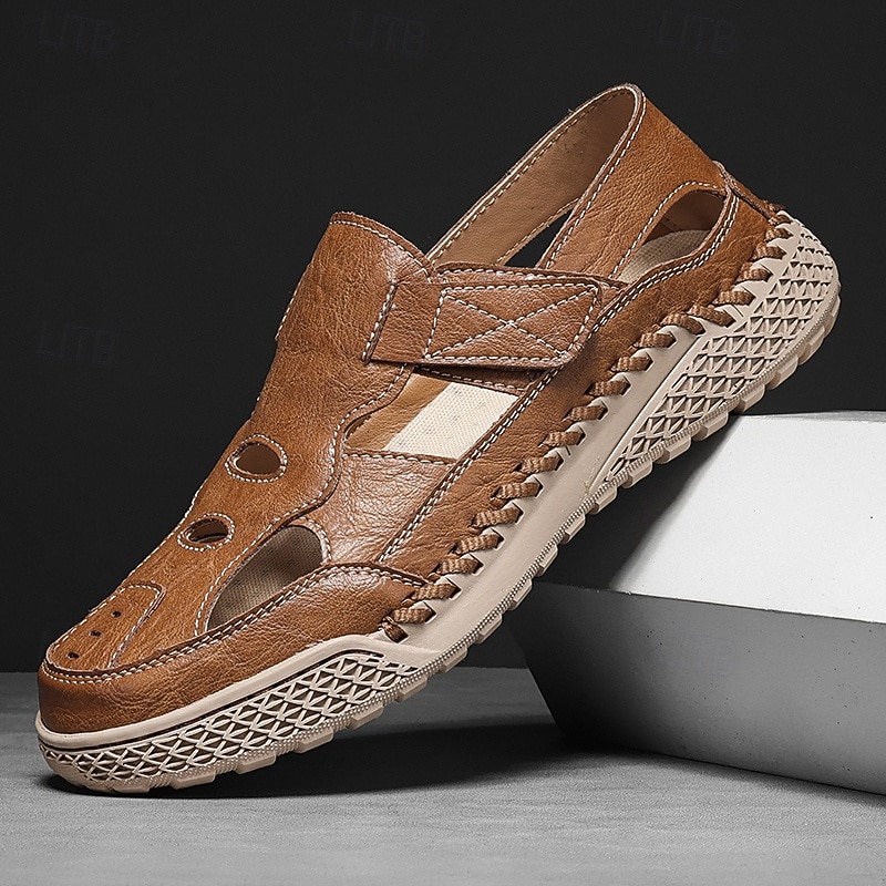 Men's Brown Faux Leather Outdoor Sports Sandals with Breathable Perforations and Durable Grip for Hiking and Trekking