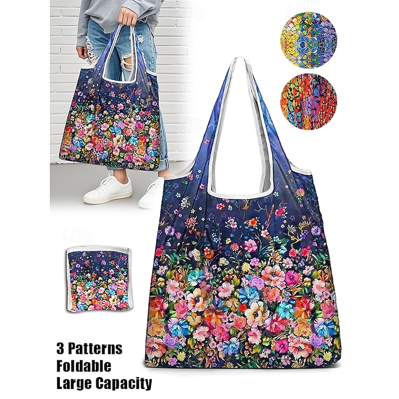 Large Capacity Foldable Shopping Bag – Reusable Floral Print Tote, Eco-Friendly Lightweight Grocery Bag for Women, Travel, and Daily Use
