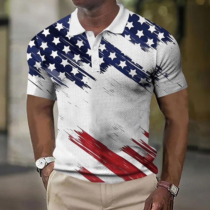 American Independence Day Men's American US Flag Waffle Polo Shirts Short Sleeve Polo Shirts Collared Shirts Casual Street Daily Wear Festival Outfit Buttons 3D Print Summer White Blue2