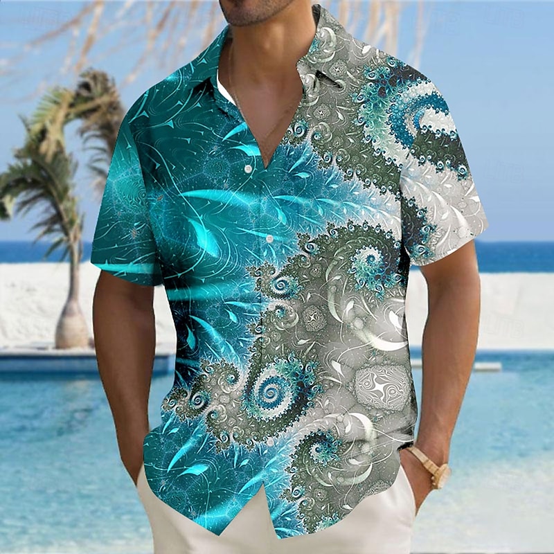 Men's Optical Illusion Abstract Art Shirt Button Up Shirt Short Sleeve Fashion Casual Vacation Holiday Streetwear Summer Turndown 3D Print Collared Shirts Front One Pocket Light Blue Blue Dark Blue