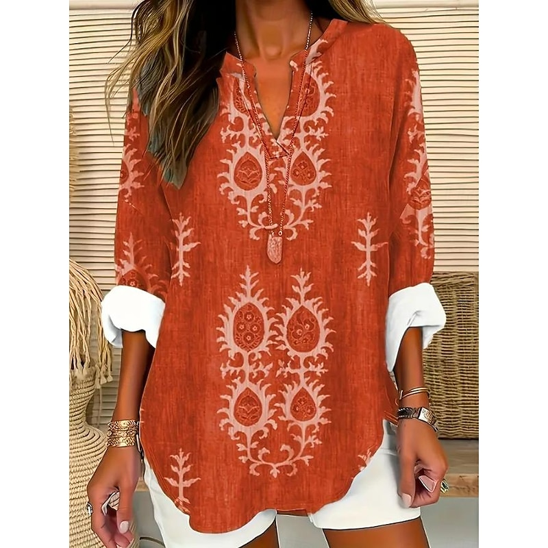 Women's Blouse Tunic V Neck Long Sleeve Boho Casual Tops Floral Graphic Vintage Tropical Regular Tops Daily Wear Print Blue Orange Green4