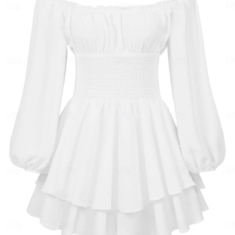 Retro Vintage Medieval Renaissance Mini Dress Flare Dress Puff Sleeve Elven Off Shoulder Regency Inspired Solid Color Fancy Dress Women's Fantasy Vacation Casual Daily LARP Adults' Dress Spring2