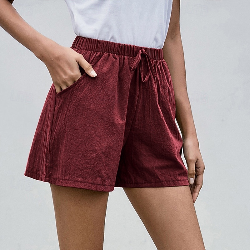 Women's Cotton Linen Shorts Shorts Fashion Streetwear Short Natural Plain Pocket Elastic Drawstring Design Comfy Outdoor Comfortable Street Daily Wear Going out Wine Dark Brown Army Green Dark Navy3
