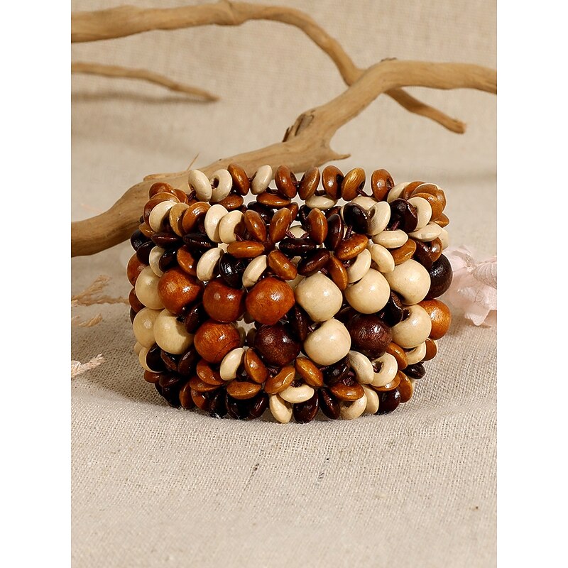 Handmade Wooden Beaded Bracelet for Women - Boho Chunky Stretch Bracelet, Natural Vintage Ethnic Style Women's Jewelry, Casual and Beach Accessories2