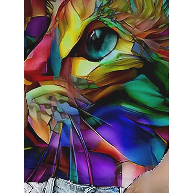 Women's T Shirt Summer Tops Color Block Cat Classic Casual Short Sleeve Crew Neck Crop Tops Daily Weekend Print Rainbow Summer Spring Fall4