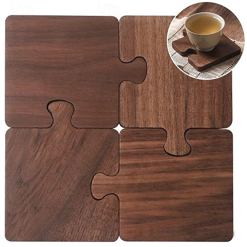 4-Piece Vintage Wooden Puzzle Coasters, Heat-Resistant Drink Coaster Set, Tabletop Protection for Office Desk, Bar, Home Decor3