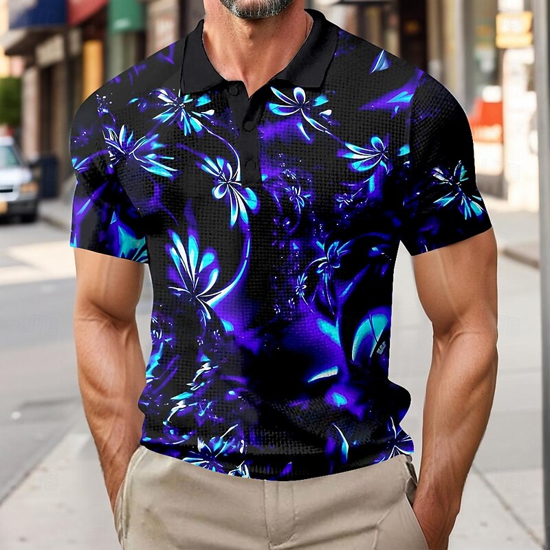 Men's Floral Waffle Polo Shirts Short Sleeve Polo Shirts Collared Shirts Business Casual Outdoor Business Athleisure Buttons 3D Print Summer Blue Purple Green