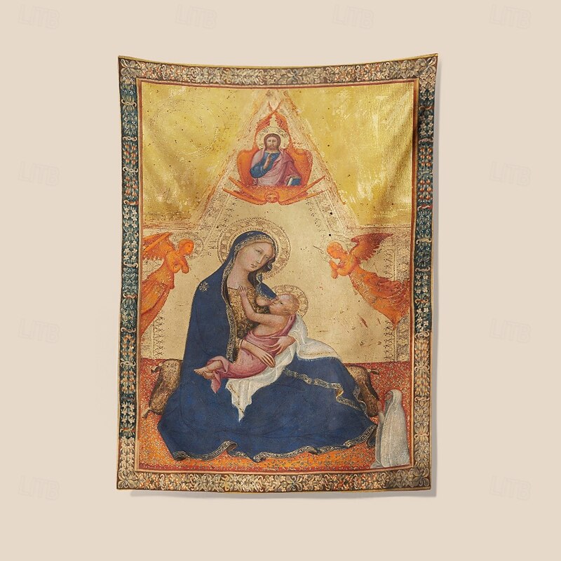 Medieval Tapestry Middle Age Tapestry Byzantine Art Large Tapestry Mural Decor Photograph Backdrop Home Bedroom Living Room Madonna of Humility, The Blessing Christ, Two Angels, and a Donor3