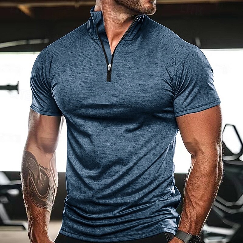 Men's T Shirt Tee Top Short Sleeve Short Sleeves Stand Collar Quarter Zip Summer Spring Solid Color Plain Sports Basic Zip Up Vacation Street Casual Light Blue Black White Top Tee for Men