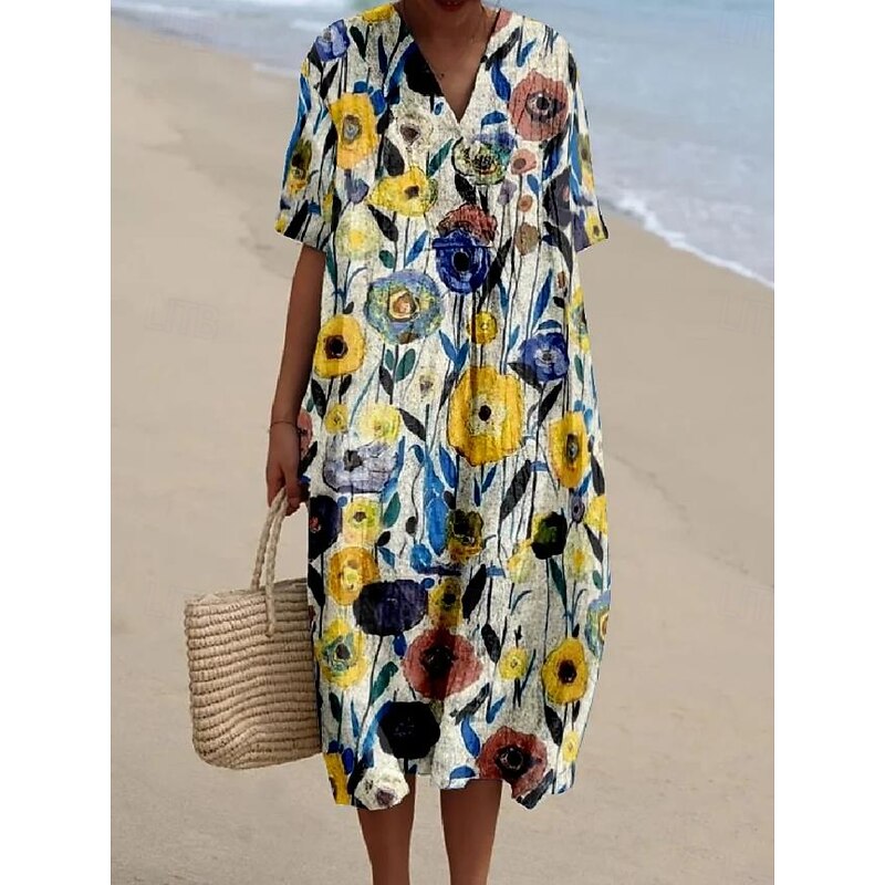 Women's Midi Dress Sundress A Line Dress Linen Vacation Casual Beach Going out Loose Fit Floral Graphic Short Sleeve V Neck Yellow Blue SummerBeach3