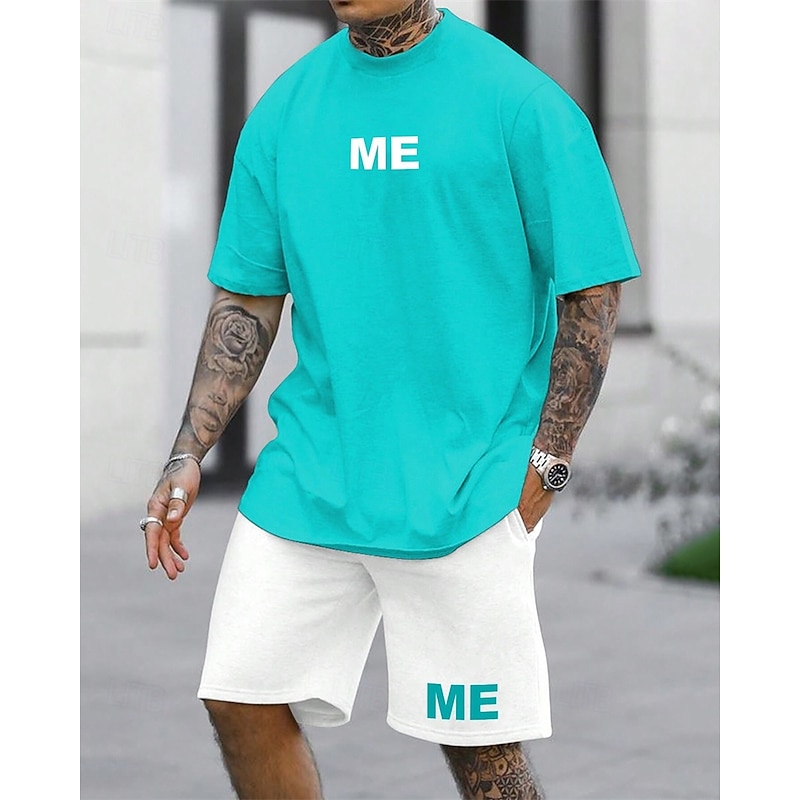 Men's Tracksuit Outfit Set Shorts Crew Neck Outdoor Daily Sports Pocket Drawstring 2 Piece Color Block Letter Black White Blue Polyester Activewear Classic Casual Summer